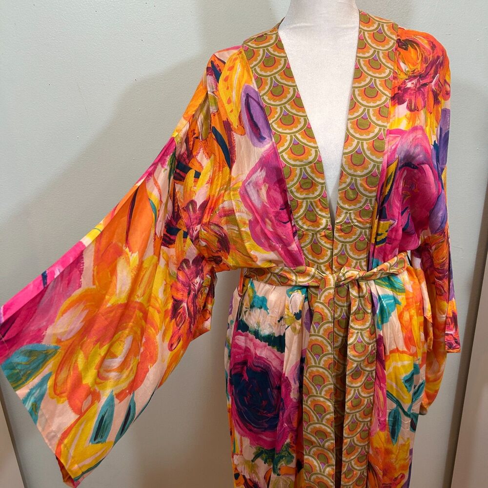 Powder Floral Bright Graphic Kimono Robe Soft Viscose/Pockets Belt OS - Picture 4 of 11
